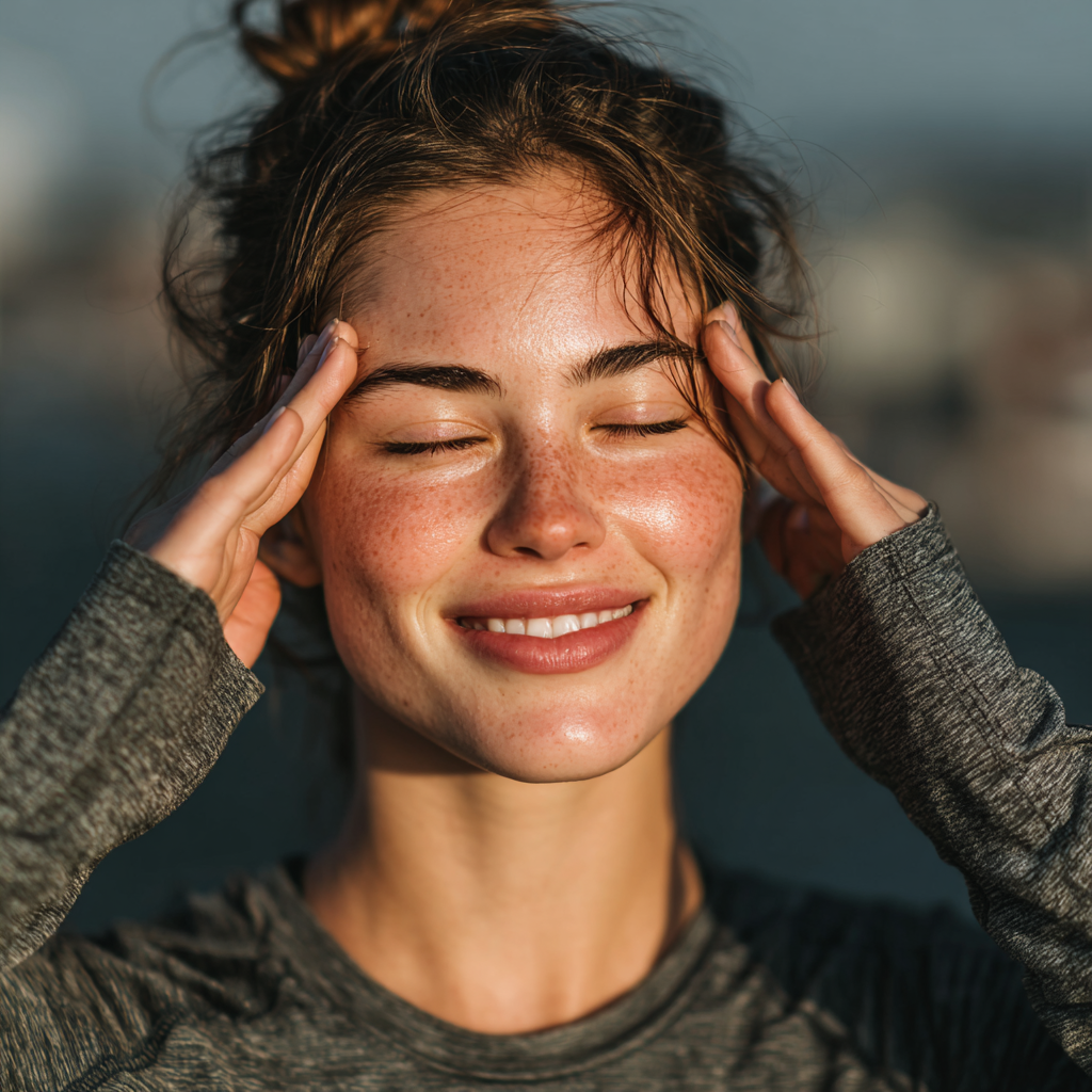 Young woman doing eye exercises outdoors in natural lighting